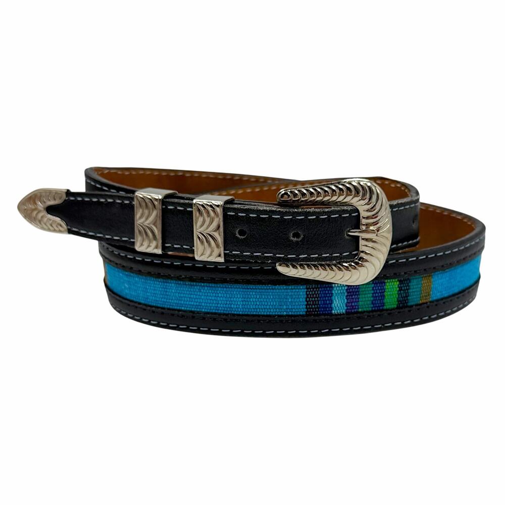 Vtg The Belt Co Texas 90s Western Striped Fabric Leather Belt Silver Buckle 30